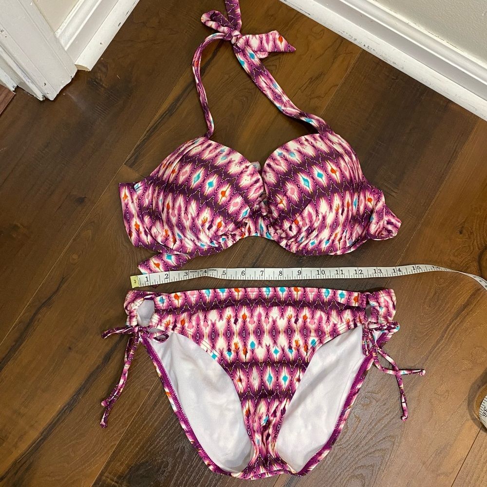 Kenneth Cole pink feather boho two piece bikini M Y2K